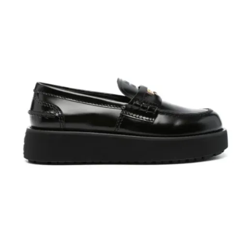 Miu Miu , Black Leather Loafer with Logo Embossing ,Black female, Sizes:
