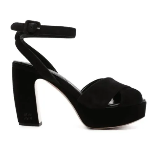 Miu Miu , Black Suede Cross Strap Sandals ,Black female, Sizes: