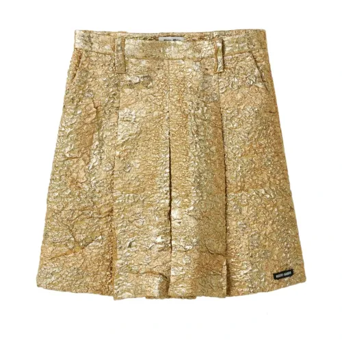 Miu Miu , Golden Lamé Pleated Midi Skirt ,Beige female, Sizes: