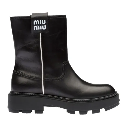 Miu Miu , Leather Logo Boots ,Black female, Sizes: