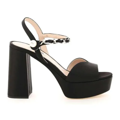 Miu Miu , Platform Sandals with Pearl and Chain Detail ,Black female, Sizes:
