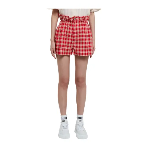 Miu Miu , Red Cotton Shorts with Embroidered Logo ,Red female, Sizes: