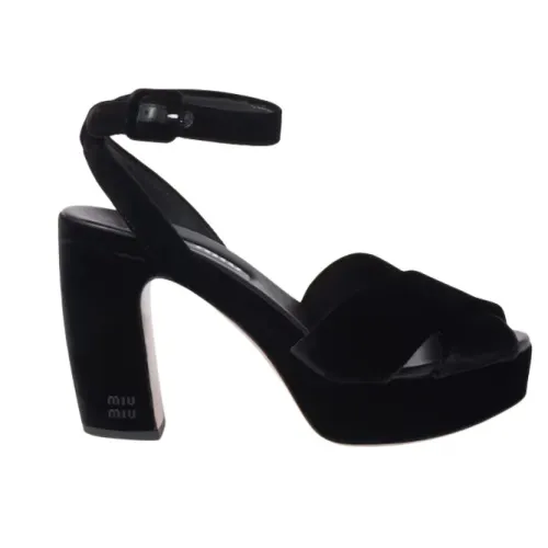 Miu Miu , Velvet Sandals with Curved Heel ,Black female, Sizes: