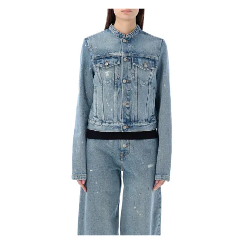 MM6 Maison Margiela , Light Blue Collarless Crop Jacket ,Blue female, Sizes:
