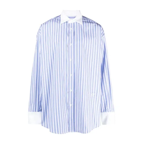 MM6 Maison Margiela , Oversized Striped Cotton Shirt with Embroidered Numerical Graphic ,Blue male, Sizes: