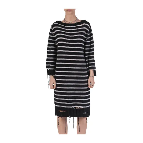 MM6 Maison Margiela , Striped Distressed Knit Dress ,Black female, Sizes:
