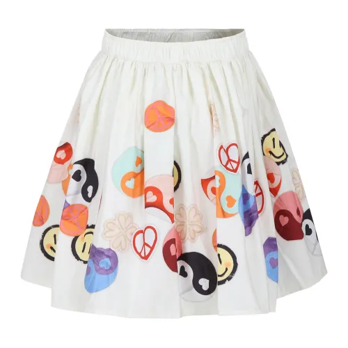 Molo , White Pleated Skirt with Smiley and Yin Yang Print ,White unisex, Sizes: