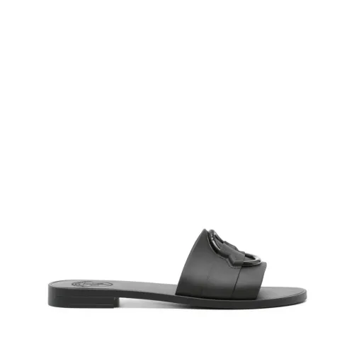 Moncler , Black Slide Sandals with Logo Detail ,Black female, Sizes: