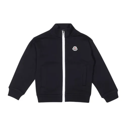 Moncler , Blue High Neck Sweater with Multicolor Logo Embroidery ,Blue male, Sizes: