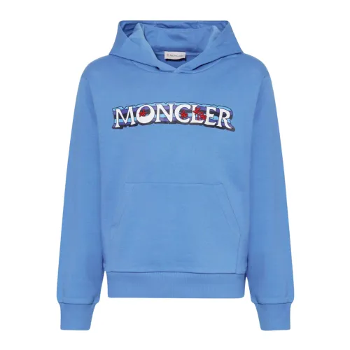 Moncler , Blue Hooded Sweater with Logo Print ,Blue male, Sizes:
