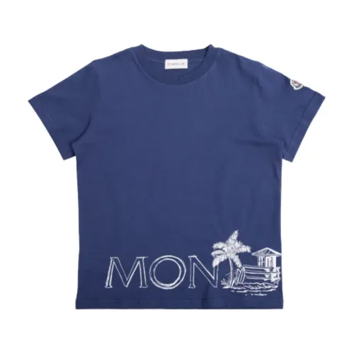 Moncler , Blue Logo Print Cotton T-shirt ,Blue male, Sizes: