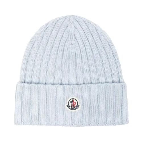 Moncler , Blue Ribbed Beanie with Logo Patch ,Blue female, Sizes: ONE