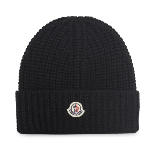 Moncler , Chunky Ribbed Knit Logo Hat ,Black unisex, Sizes: ONE