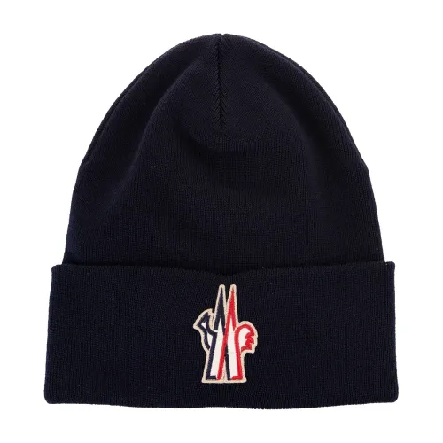 Moncler , Navy Blue Wool Knit Hat with Logo Patch ,Blue male, Sizes: ONE