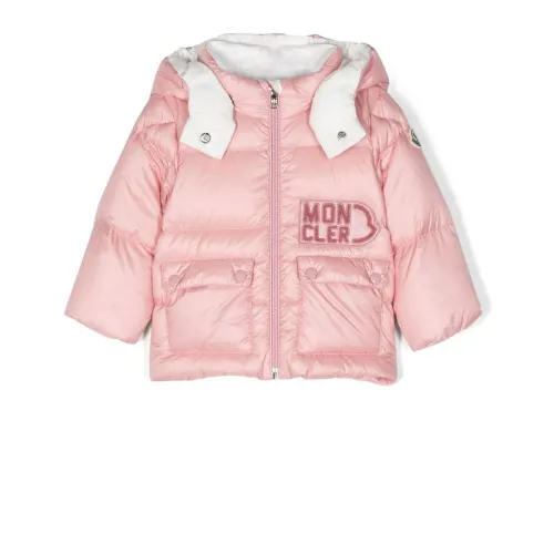 Moncler , Pink Down Jacket with Embroidered Logo ,Pink female, Sizes: