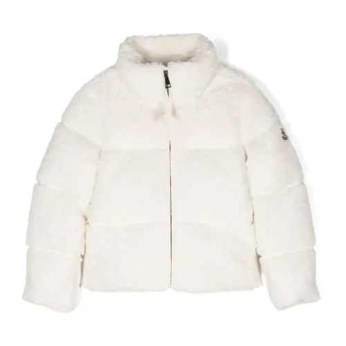 Moncler , Quilted White Down Coat with Logo Sleeve ,White female, Sizes: