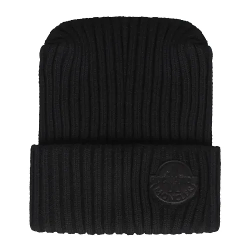 Moncler , Ribbed Wool Beanie with Logo Patch ,Black male, Sizes: ONE