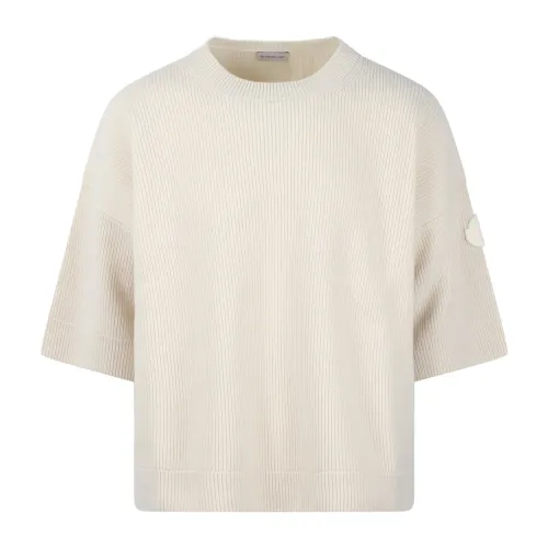 Moncler , Ribbed Wool Sweater with Logo Patch ,Beige male, Sizes: