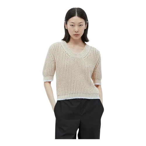 Moncler , Short-Sleeve Sweater ,Beige female, Sizes: