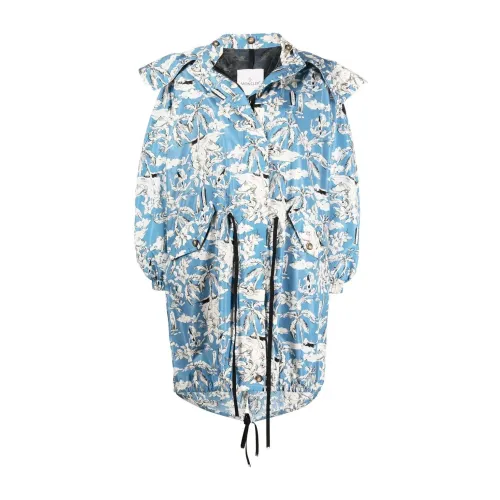 Moncler , Touquet Tropical Print Oversized Hooded Parka ,Blue female, Sizes: