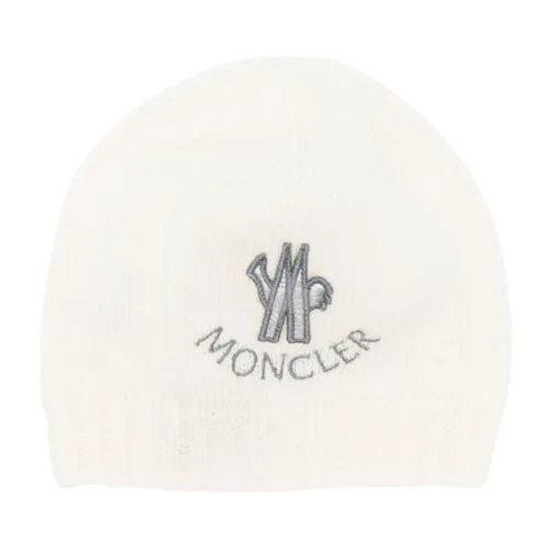 Moncler , White Ribbed Kids Hat with Grey Logo Embroidery ,White female, Sizes: