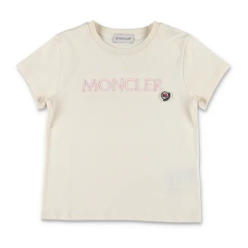 Moncler , White Short Sleeve T-Shirt with Embroidery ,White male, Sizes: