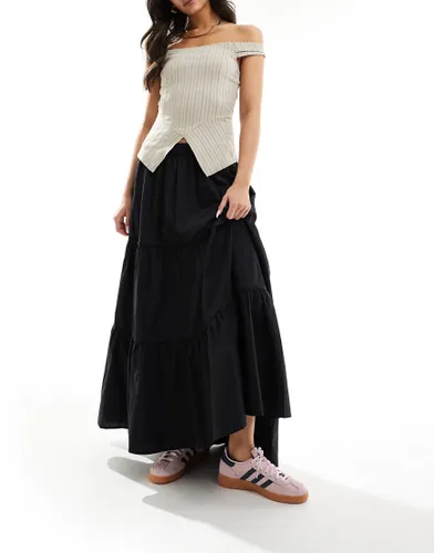 Monki maxi tiered poplin cotton skirt with half elastic waist in black