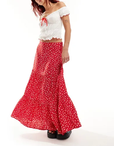 Monki tiered maxi skirt in red meadow floral