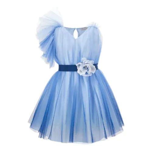 Monnalisa , Blue Tulle Shoulder Dress ,Blue female, Sizes: