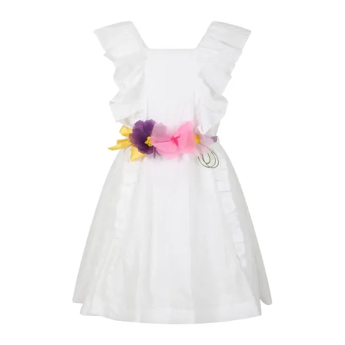 Monnalisa , Elegant White Cotton Dress with Floral Embroidery ,White female, Sizes: