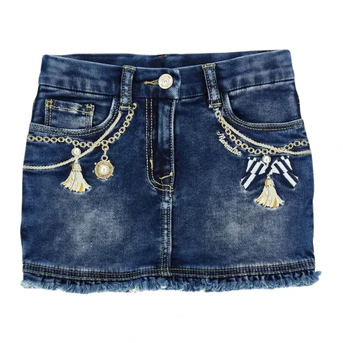 Monnalisa , Kids Denim Jeans with Gold Embroidery and Raised Appliques ,Blue female, Sizes: