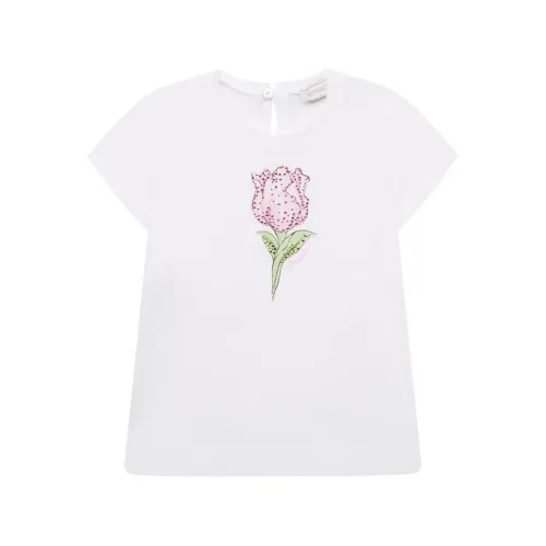 Monnalisa , Kids T-shirt with Rose Print and Rhinestones ,White female, Sizes: