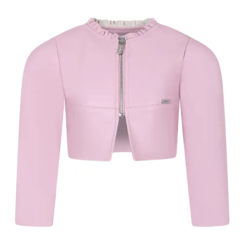 Monnalisa , Pink Faux Leather Jacket with Ruffles ,Pink female, Sizes: