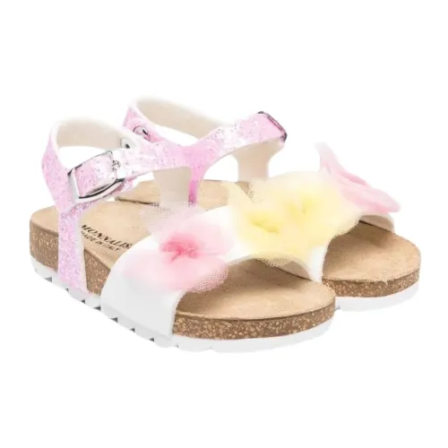 Monnalisa , Pink Glitter Sandals with Multicolor Flower Applique ,Pink female, Sizes: