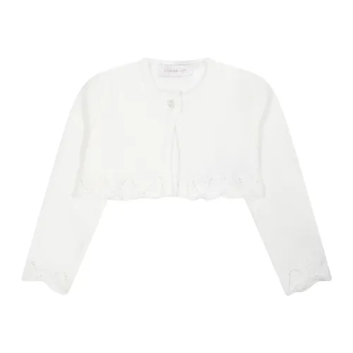 Monnalisa , White Cotton Cardigan with Embroidered Ruffles ,White female, Sizes: