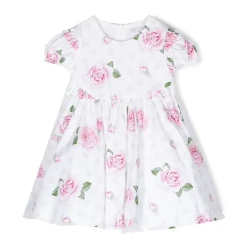 Monnalisa , White Floral Print Dress with Pink Contrast ,White female, Sizes: