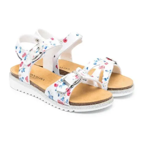 Monnalisa , White Flower and Cherry Pattern Sandals ,White female, Sizes: