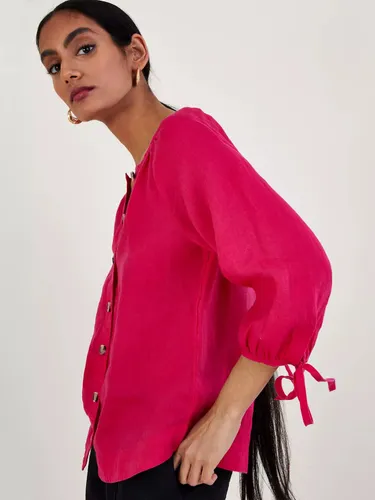 Monsoon Button Through Tie Cuff  Linen Blouse - Pink - Female