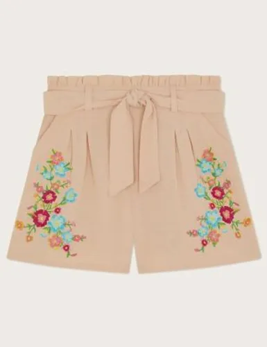 Monsoon Girls Cotton Blend Floral Embroidered Shorts (2-15 Yrs) - 4y - Stone, Stone