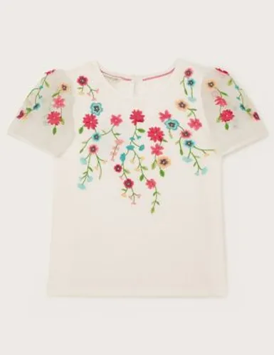 Monsoon Girls Cotton Rich Flower Embroidered Top (3-13 Yrs) - 9-10Y - White, White
