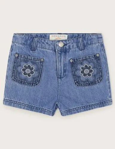 Monsoon Girls Denim Floral Embroidered Shorts (3-13 Yrs) - 9y - Blue, Blue