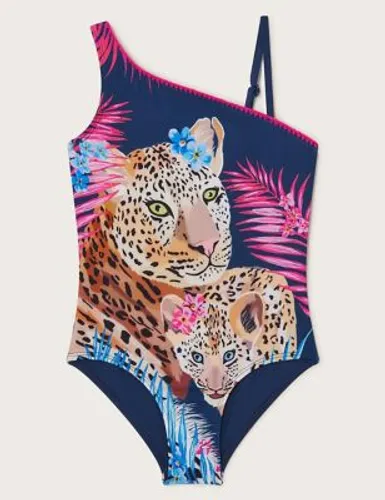 Monsoon Girls Leopard One Shoulder Swimsuit (3-15 Yrs) - 11-12 - Navy Mix, Navy Mix