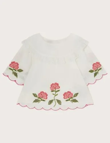 Monsoon Girls Pure Cotton Flower Embroidered Top (3-13 Yrs) - 7-8 Y - Ivory Mix, Ivory Mix