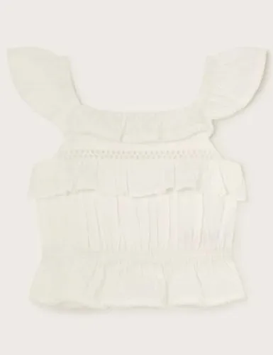 Monsoon Girls Pure Cotton Frill Top (3-13 Yrs) - 11-12 - Ivory, Ivory