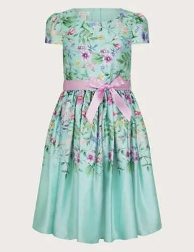 Monsoon Girls Satin Floral Occasion Dress (3-15 Yrs) - 9y - Green, Green