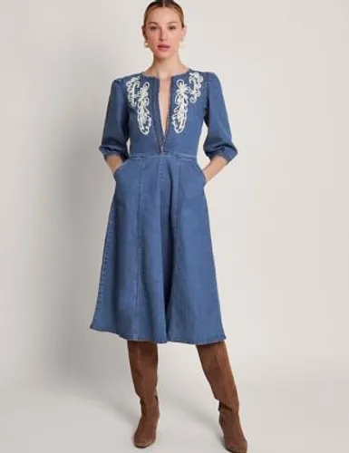 Monsoon Womens Cotton Rich Embroidered Skater Dress - 20 - Blue Denim, Blue Denim