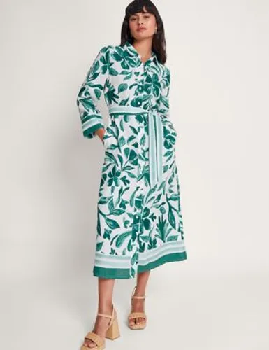 Monsoon Womens Linen Blend Floral Tie Waist Midi Shirt Dress - 10 - Green Mix, Green Mix