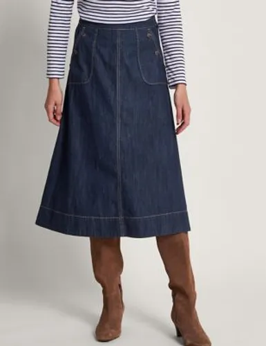 Monsoon Womens Pure Cotton Denim Midi A-Line Skirt - XL - Indigo, Indigo,Blue Denim