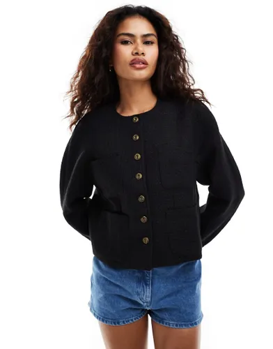 Moon River button front pocket detail textured cropped jacket in black