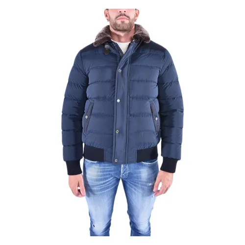 Moorer , Quilted Bomber Jacket with Detachable Fur ,Blue male, Sizes: